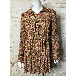 VICI Orange Pink Floral Paisley Tiered Mini Shirt Dress Balloon Sleeve Size XS
